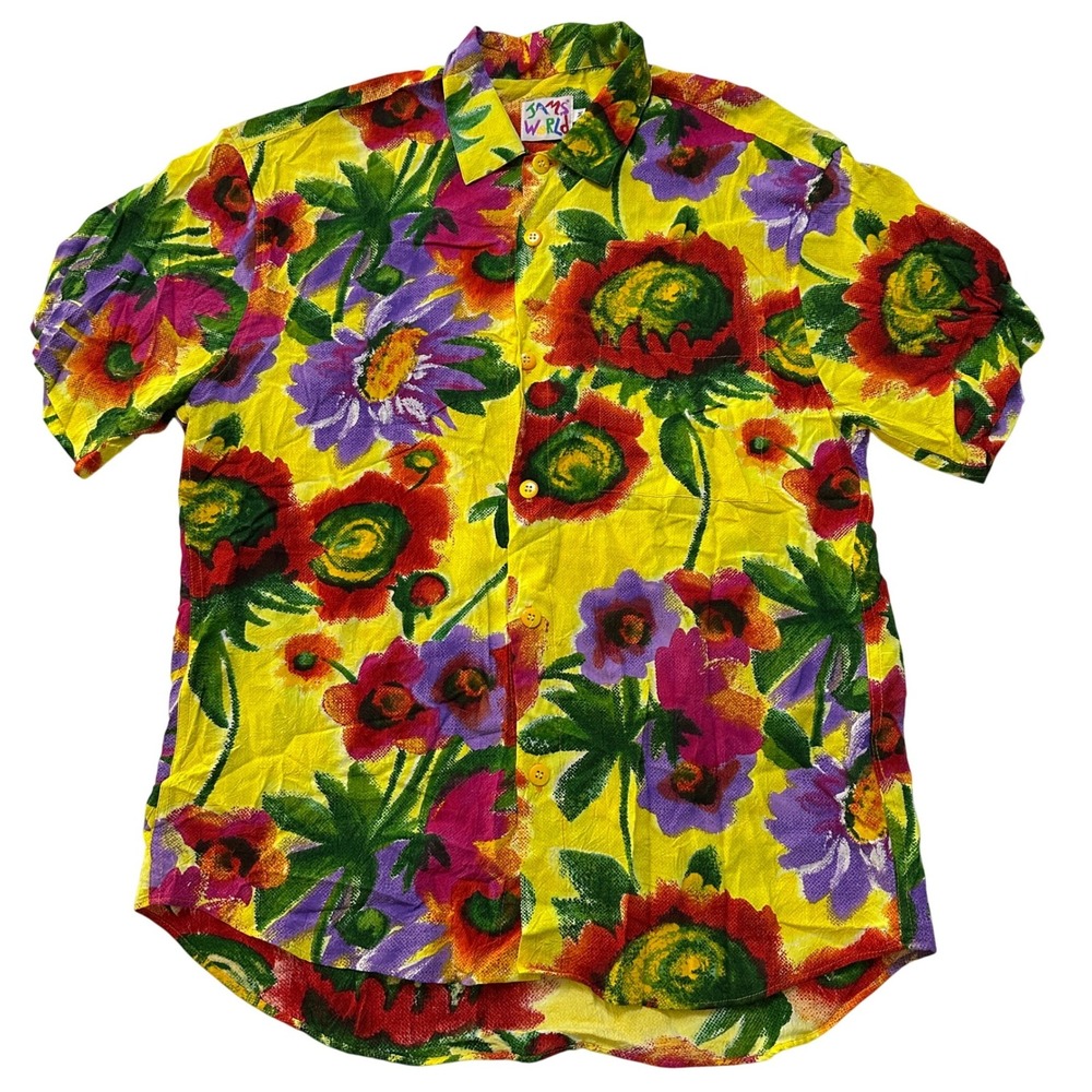 Vintage USA Jams World Floral Hawaiian Camp Shirt M Yellow Sunflower Retro Rayon